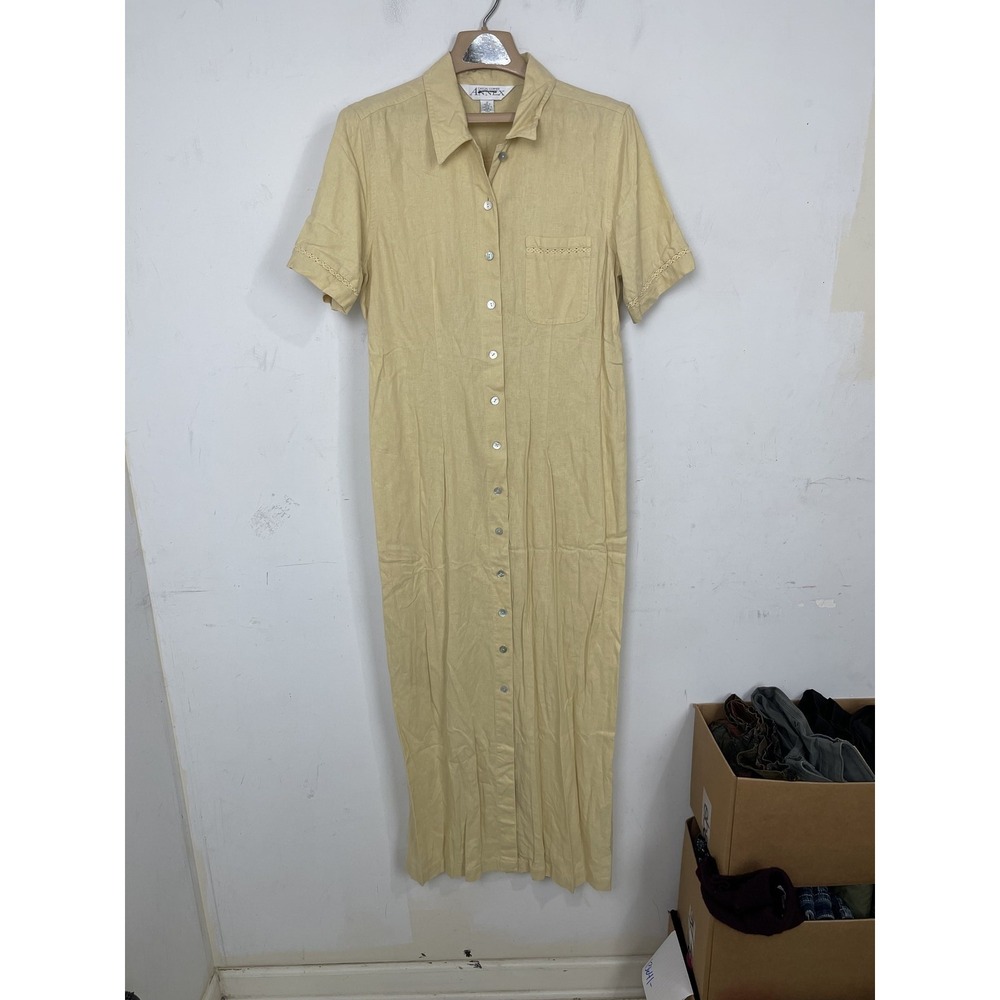 Casual Corner Annex Womens 14 Tan Linen Rayon‎ Blend Short Sleeve Maxi Dress